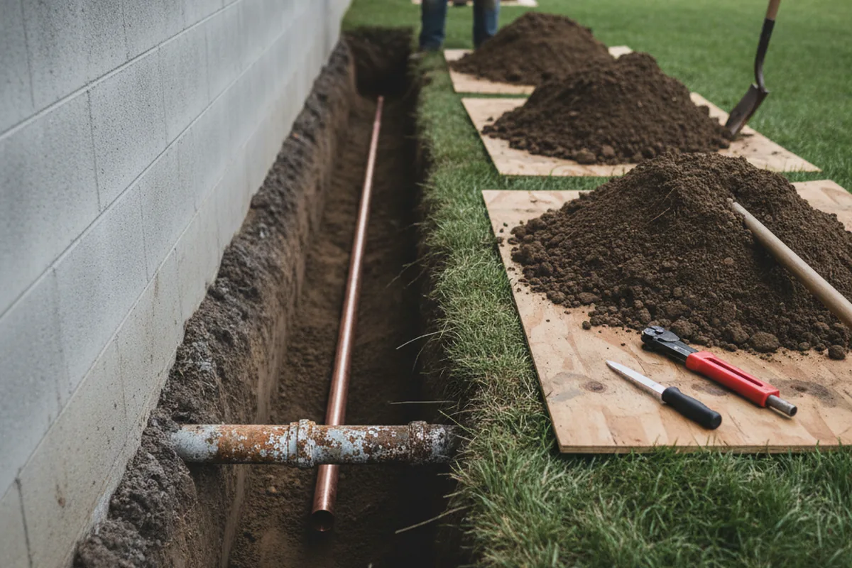 Excavated water line trench during Water Heater Repair in Coleman